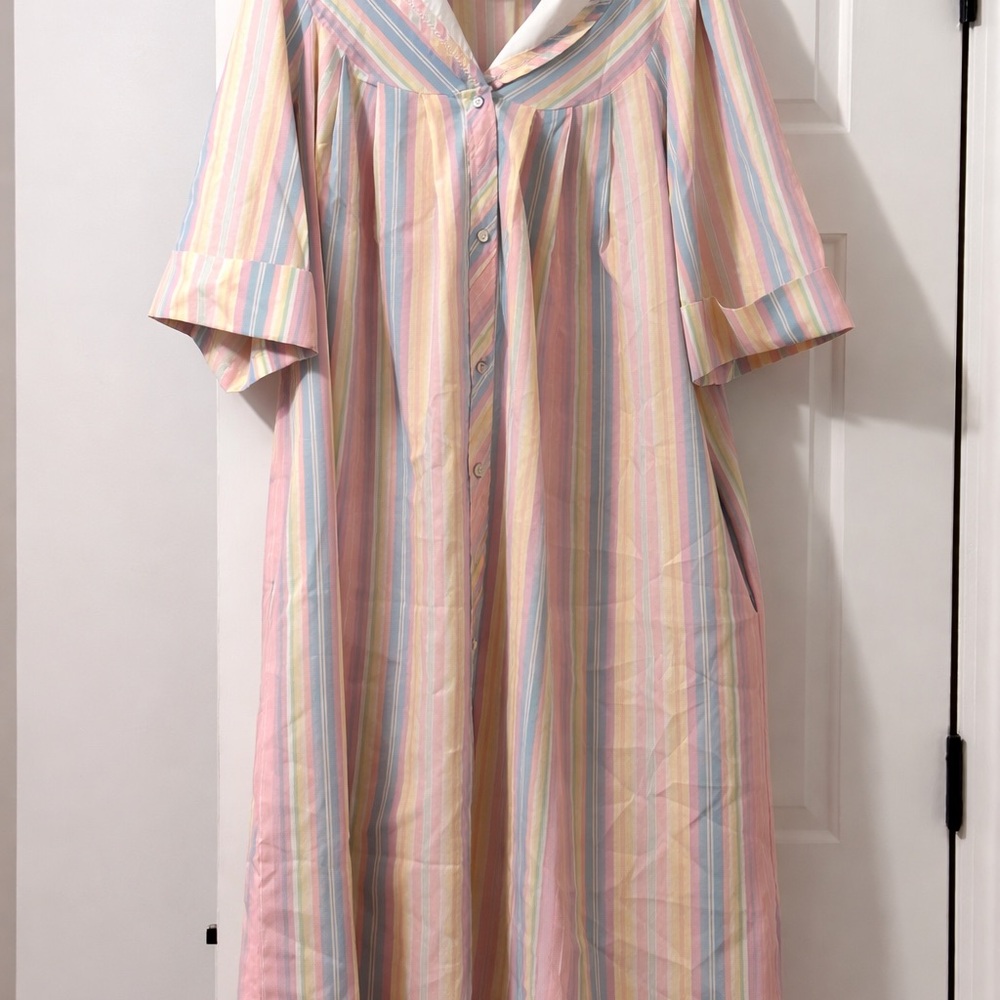 Vintage 70s Sears Model’s Coat XL Pastel Stripe Housecoat Muumuu Duster - Picture 6 of 7